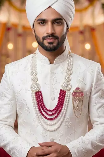 Royal Multi-Layered Groom Sherwani Mala with Decorative Brooch