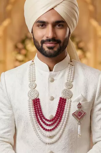 Royal Multi-Layered Groom Sherwani Mala with Decorative Brooch