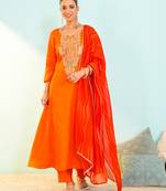 Women's Beautiful Embroidery Work Viscose Silk Fabric Flared Anarkali Pant and Dupatta Set