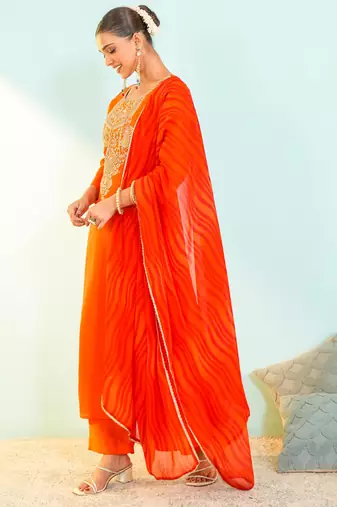 Women's Beautiful Embroidery Work Viscose Silk Fabric Flared Anarkali Pant and Dupatta Set