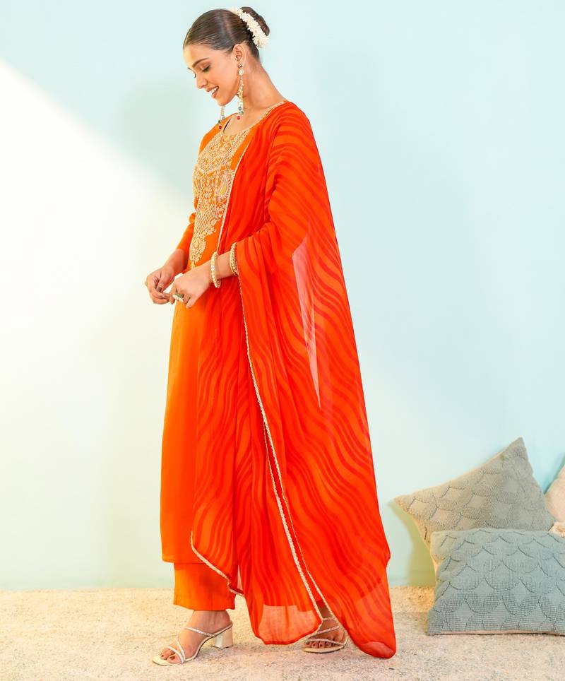 Women's Beautiful Embroidery Work Viscose Silk Fabric Flared Anarkali Pant and Dupatta Set