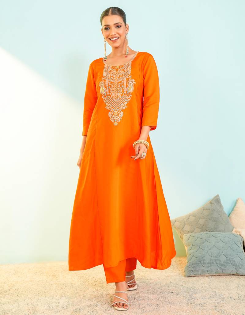 Women's Beautiful Embroidery Work Viscose Silk Fabric Flared Anarkali Pant and Dupatta Set