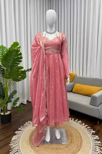 Peach fendy silk thread with sequin anarkali suit