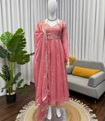Peach fendy silk thread with sequin anarkali suit