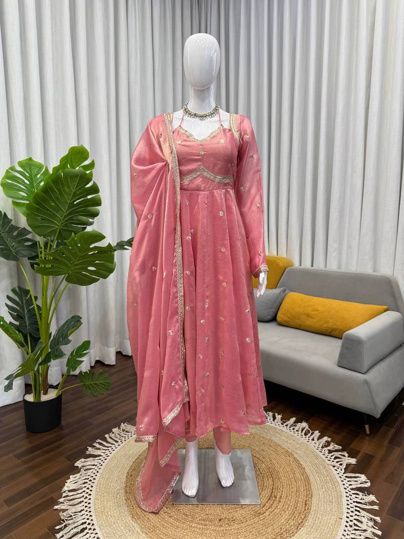 Peach fendy silk thread with sequin anarkali suit