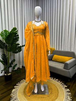 Yellow fendy silk thread with sequin anarkali suit 1