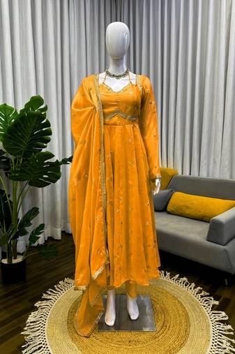 Yellow fendy silk thread with sequin anarkali suit