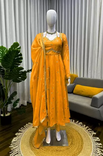 Yellow fendy silk thread with sequin anarkali suit