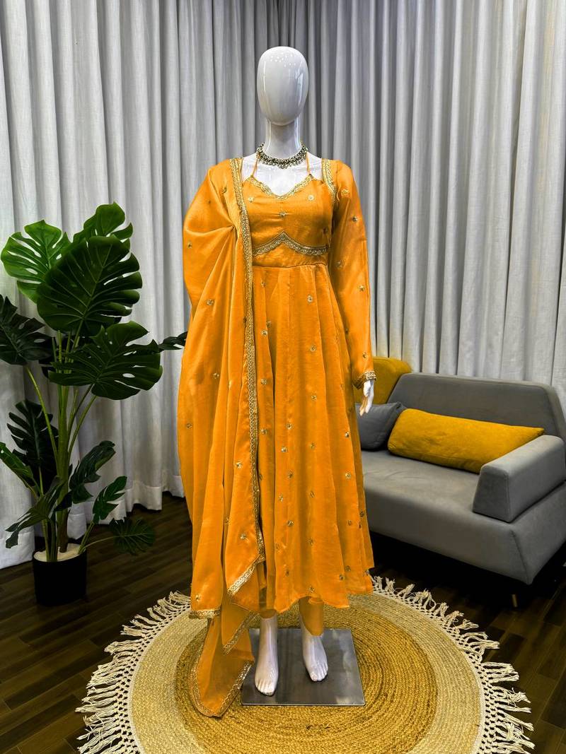 Yellow fendy silk thread with sequin anarkali suit