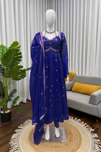 Blue fendy silk thread with sequin anarkali suit