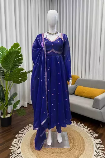 Blue fendy silk thread with sequin anarkali suit