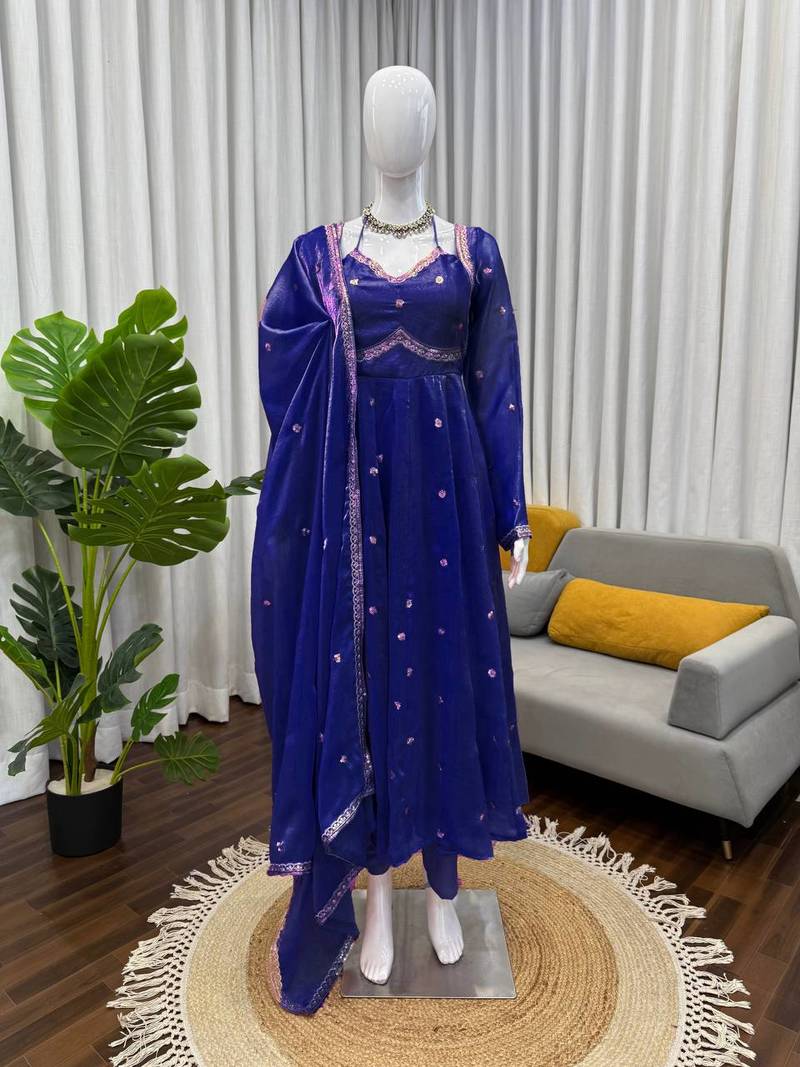 Blue fendy silk thread with sequin anarkali suit