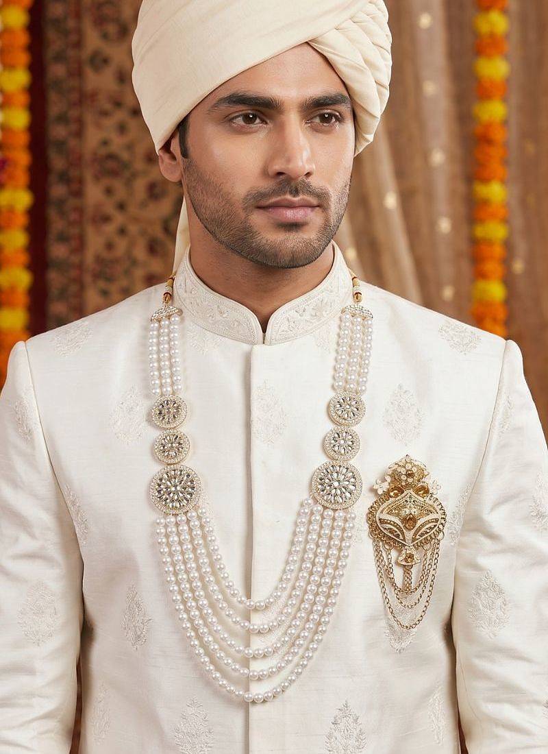 Traditional Groom Sherwani Mala Set with Brooch