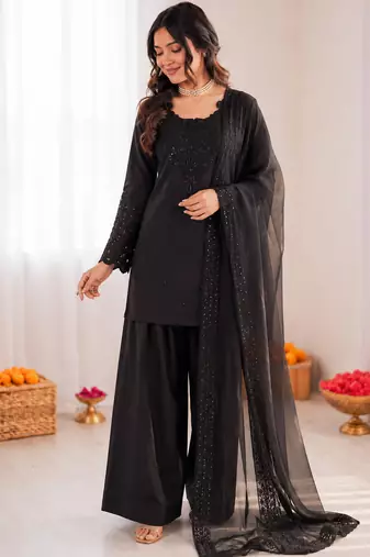 Black crepe thread with sequin farshi salwar suit
