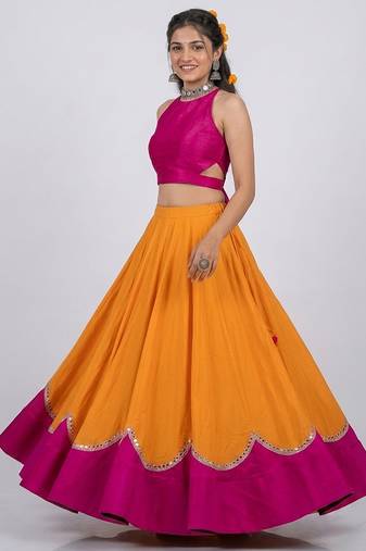 Mustard Yellow and Pink Embroidered Silk Lehenga Set