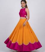 Mustard Yellow and Pink Embroidered Silk Lehenga Set