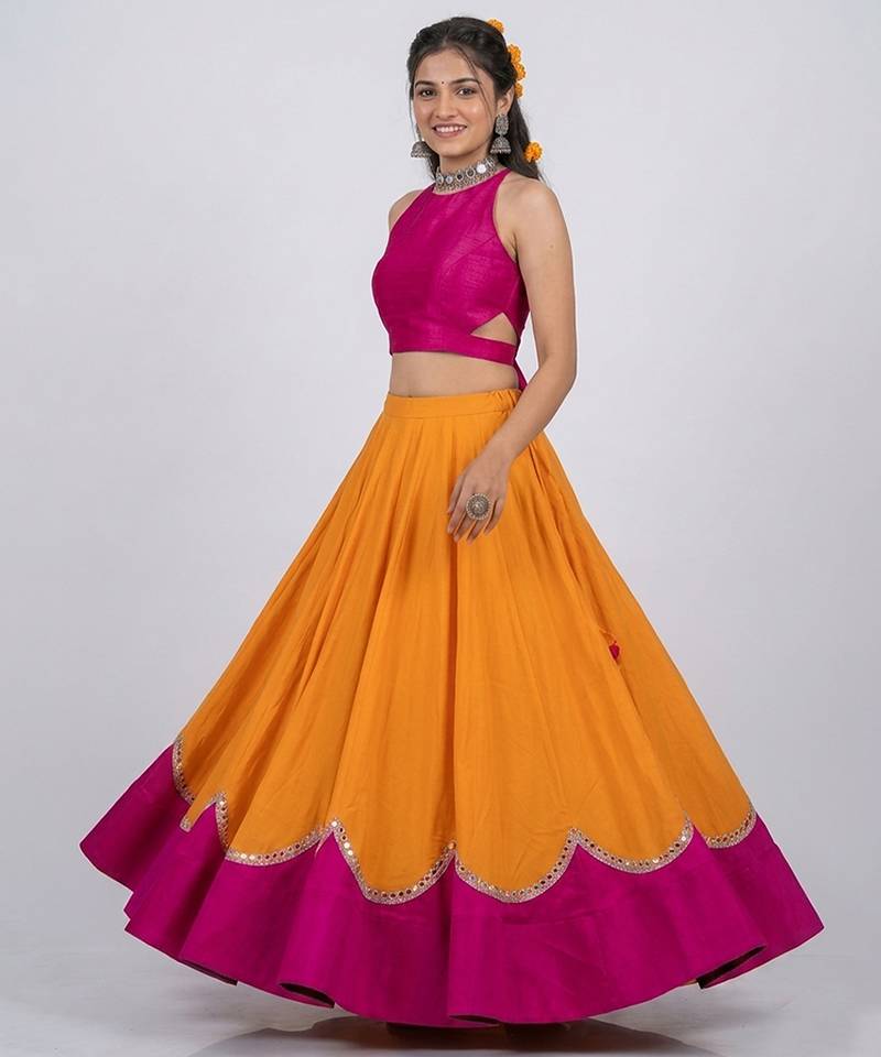 Mustard Yellow and Pink Embroidered Silk Lehenga Set