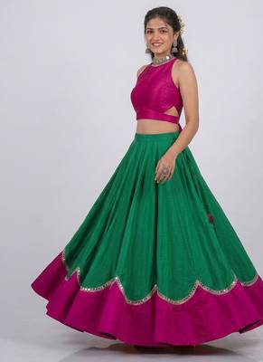 Green Pink Embroidered Silk Lehenga Set 1