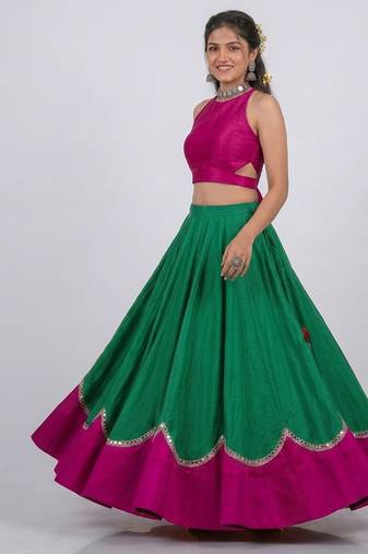 Green Pink Embroidered Silk Lehenga Set