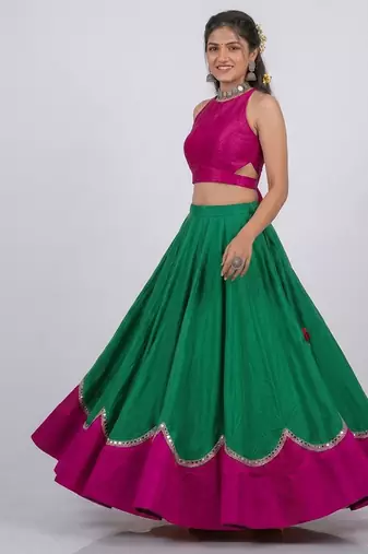 Green Pink Embroidered Silk Lehenga Set