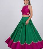 Green Pink Embroidered Silk Lehenga Set