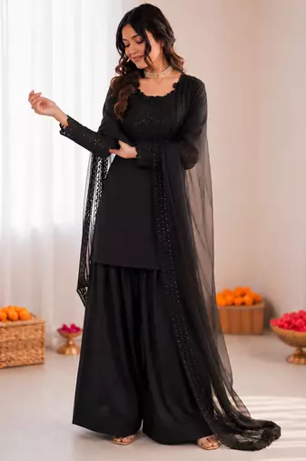 Black crepe thread with sequin farshi salwar suit