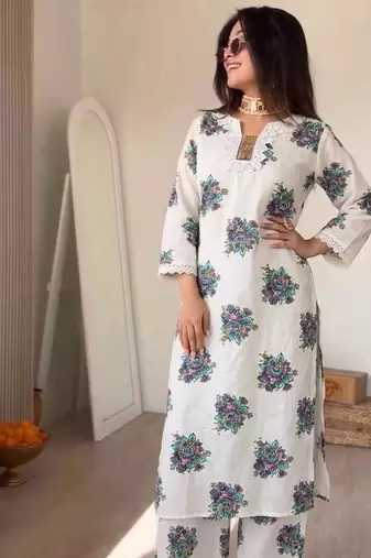 Women's Beautiful Printed Work Cotton Fabric Straight Kurta Pant Set