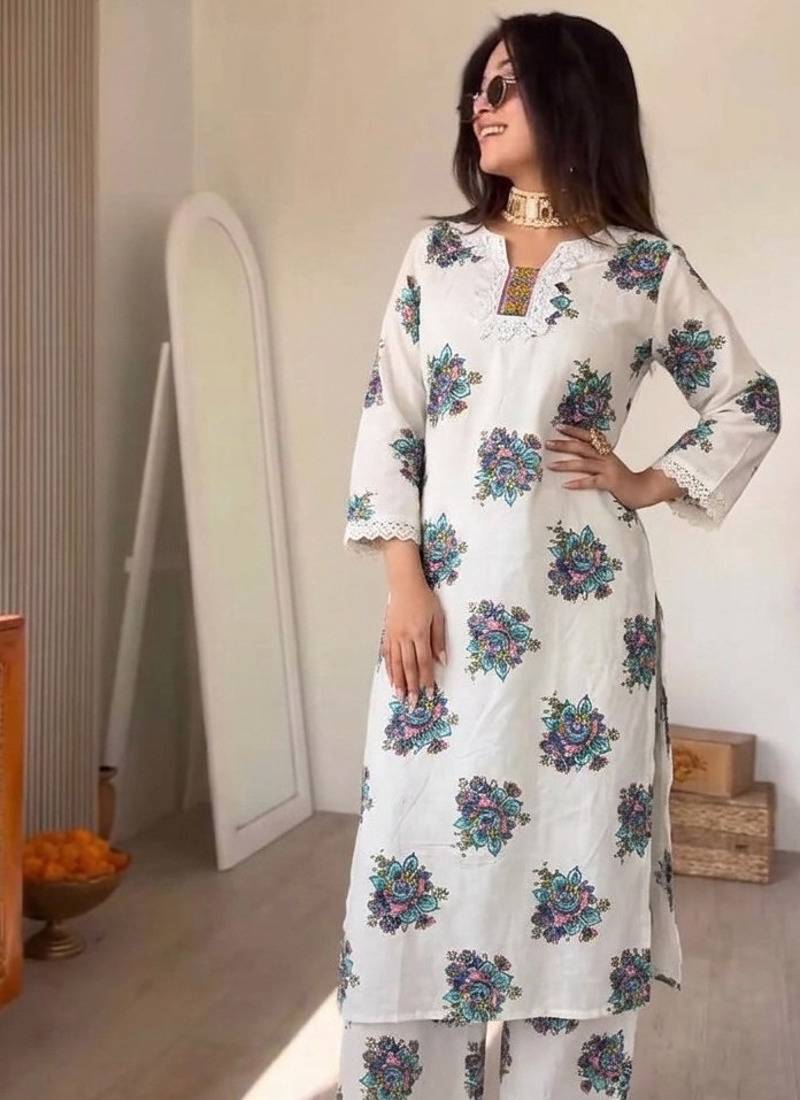 Women's Beautiful Printed Work Cotton Fabric Straight Kurta Pant Set