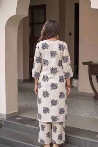 Women's Beautiful Printed Work Cotton Fabric Straight Kurta Pant Set