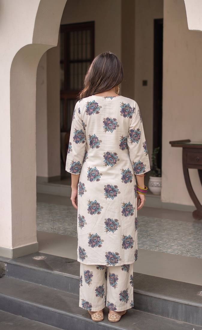 Women's Beautiful Printed Work Cotton Fabric Straight Kurta Pant Set