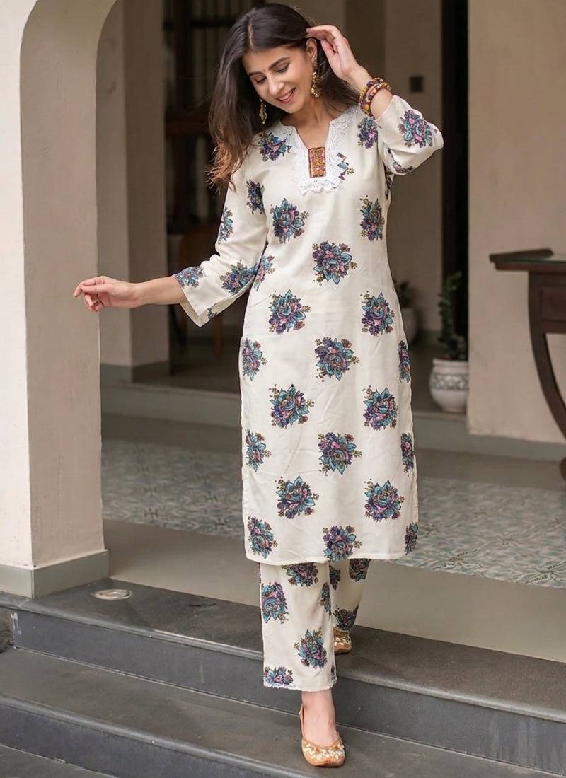 Women's Beautiful Printed Work Cotton Fabric Straight Kurta Pant Set