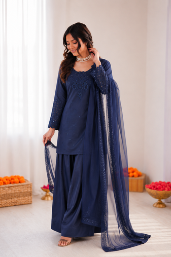 Blue crepe thread with sequin farshi salwar suit