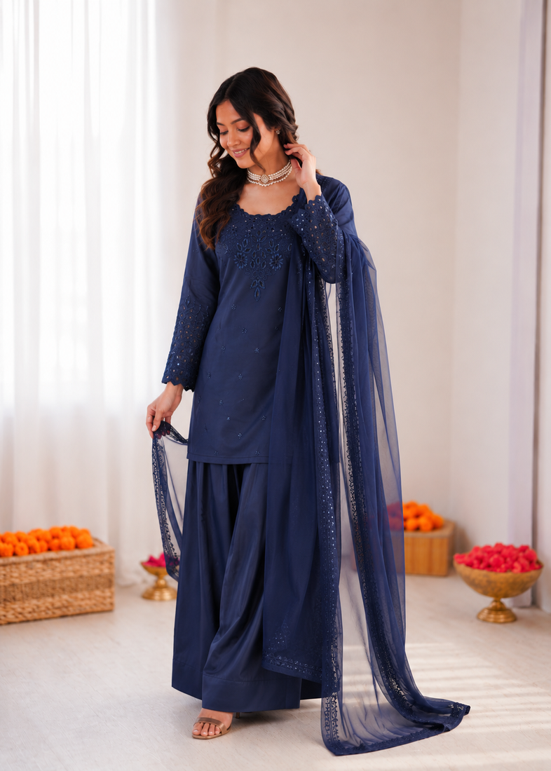 Blue crepe thread with sequin farshi salwar suit
