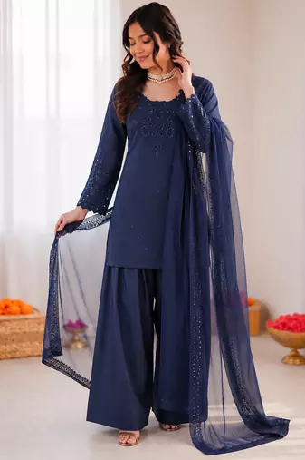 Blue crepe thread with sequin farshi salwar suit
