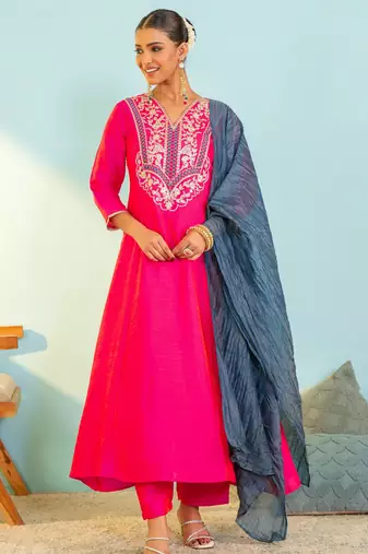 Women's Beautiful Embroidery Work Gold Silk Fabric Flared Anarkali Pant and Dupatta Set