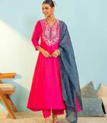 Women's Beautiful Embroidery Work Gold Silk Fabric Flared Anarkali Pant and Dupatta Set