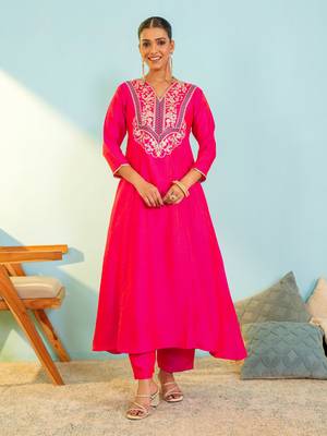 Women's Beautiful Embroidery Work Gold Silk Fabric Flared Anarkali Pant and Dupatta Set 5