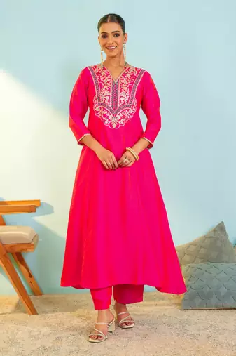 Women's Beautiful Embroidery Work Gold Silk Fabric Flared Anarkali Pant and Dupatta Set