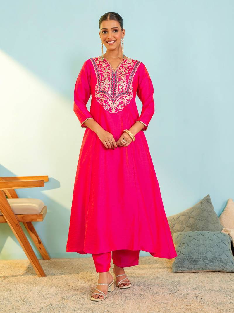Women's Beautiful Embroidery Work Gold Silk Fabric Flared Anarkali Pant and Dupatta Set