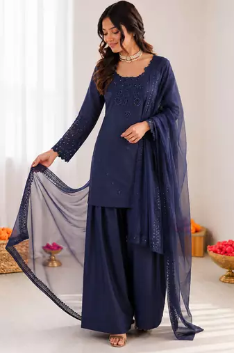 Blue crepe thread with sequin farshi salwar suit