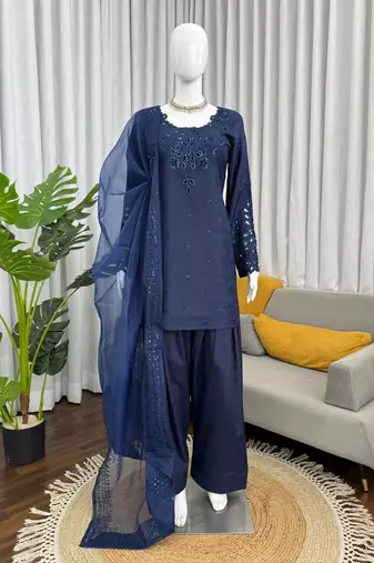 Blue crepe thread with sequin farshi salwar suit