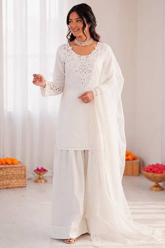 Off white crepe thread with sequin farshi salwar suit