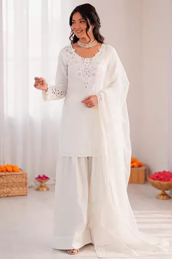 Off white crepe thread with sequin farshi salwar suit