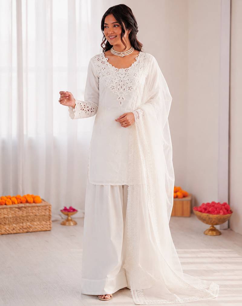 Off white crepe thread with sequin farshi salwar suit