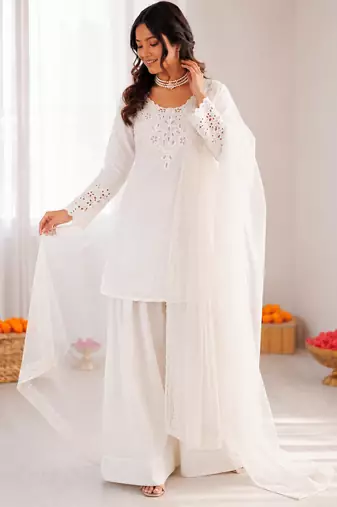 Off white crepe thread with sequin farshi salwar suit