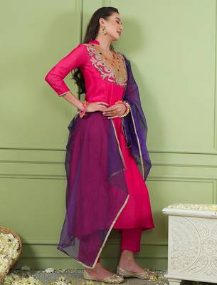 Women's Beautiful Embroidery Work Viscose Silk Fabric Flared Kurta Pant and Dupatta Set 3