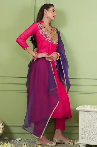 Women's Beautiful Embroidery Work Viscose Silk Fabric Flared Kurta Pant and Dupatta Set