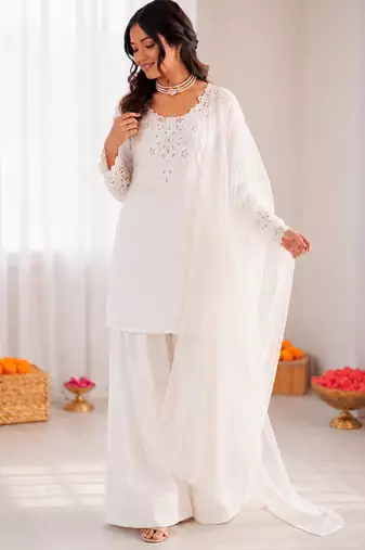 Off white crepe thread with sequin farshi salwar suit