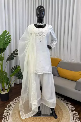 Off white crepe thread with sequin farshi salwar suit