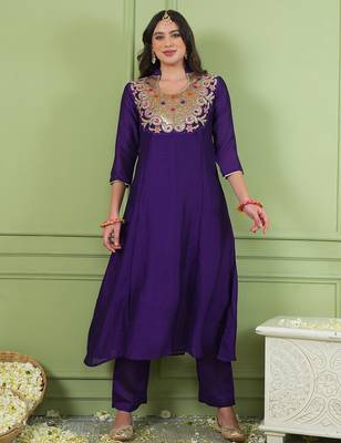Women's Beautiful Embroidery Work Viscose Silk Fabric Flared Kurta Pant and Dupatta Set 5